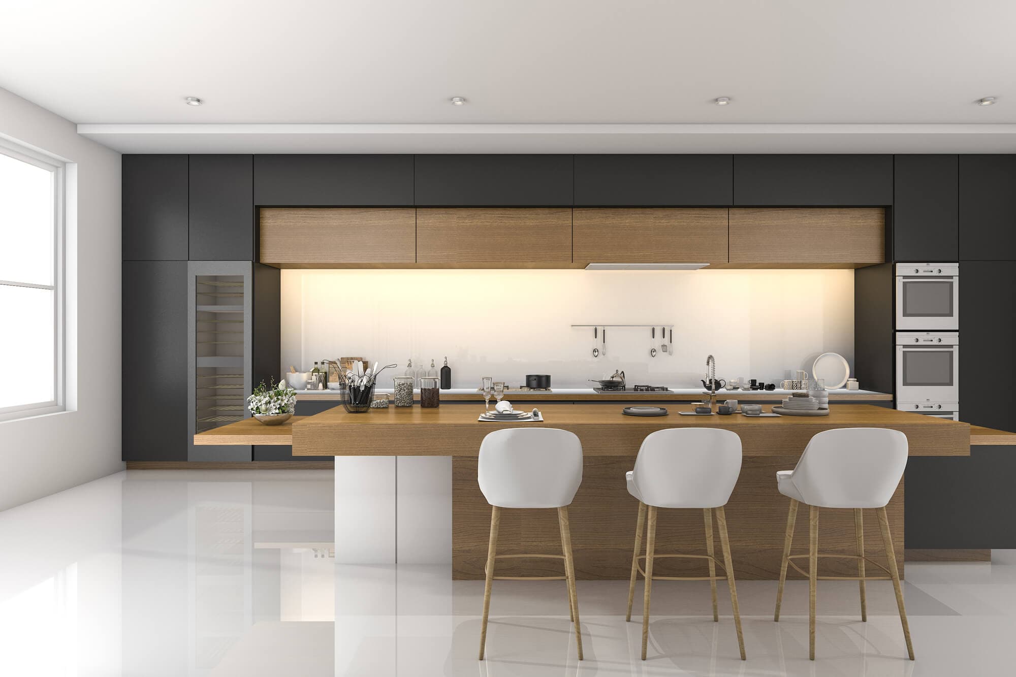 Light-grain finish, slab door — quiet enough to live with for years.