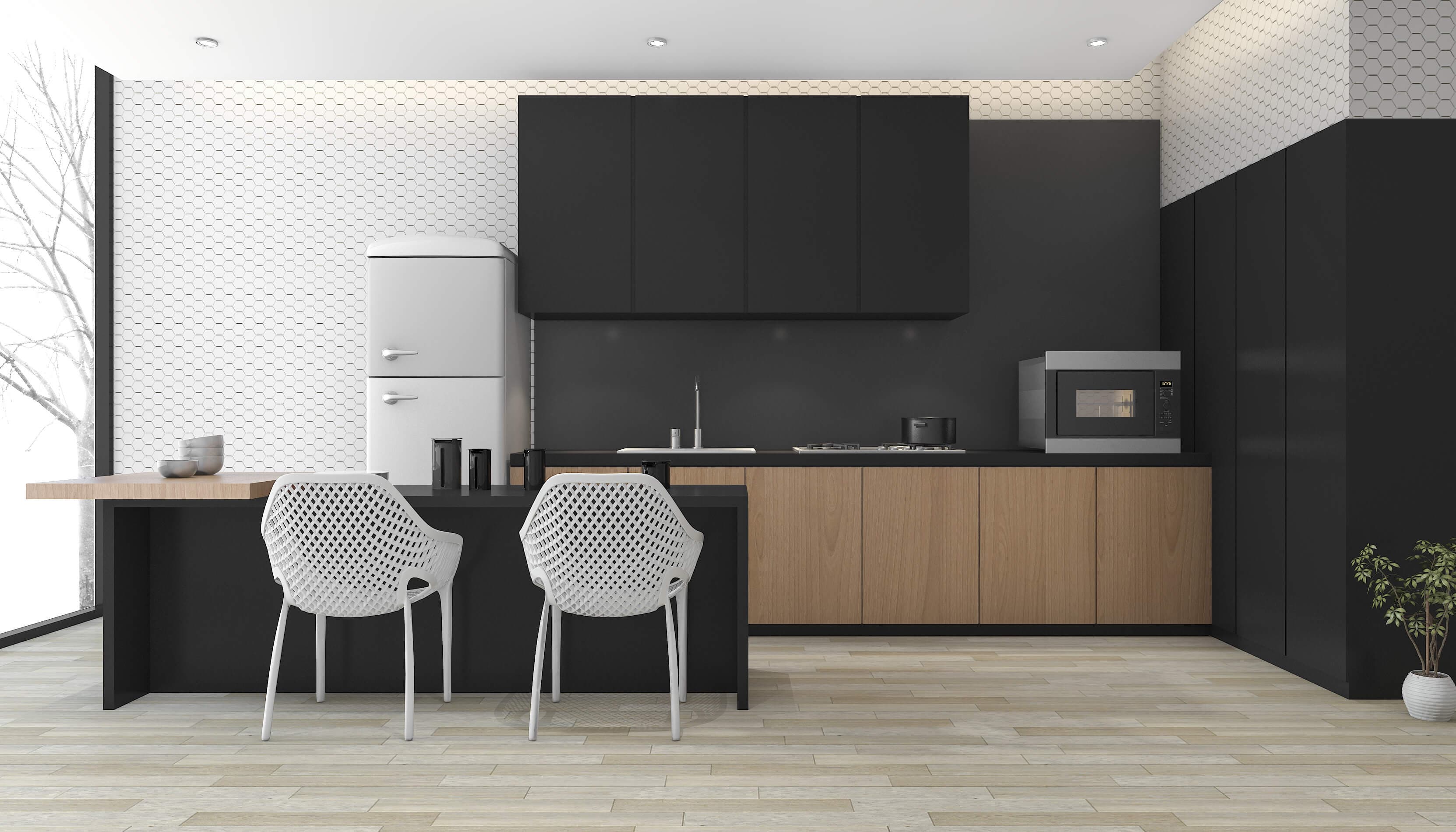 Heavy-grain oak with brushed matte black — confident, never loud.